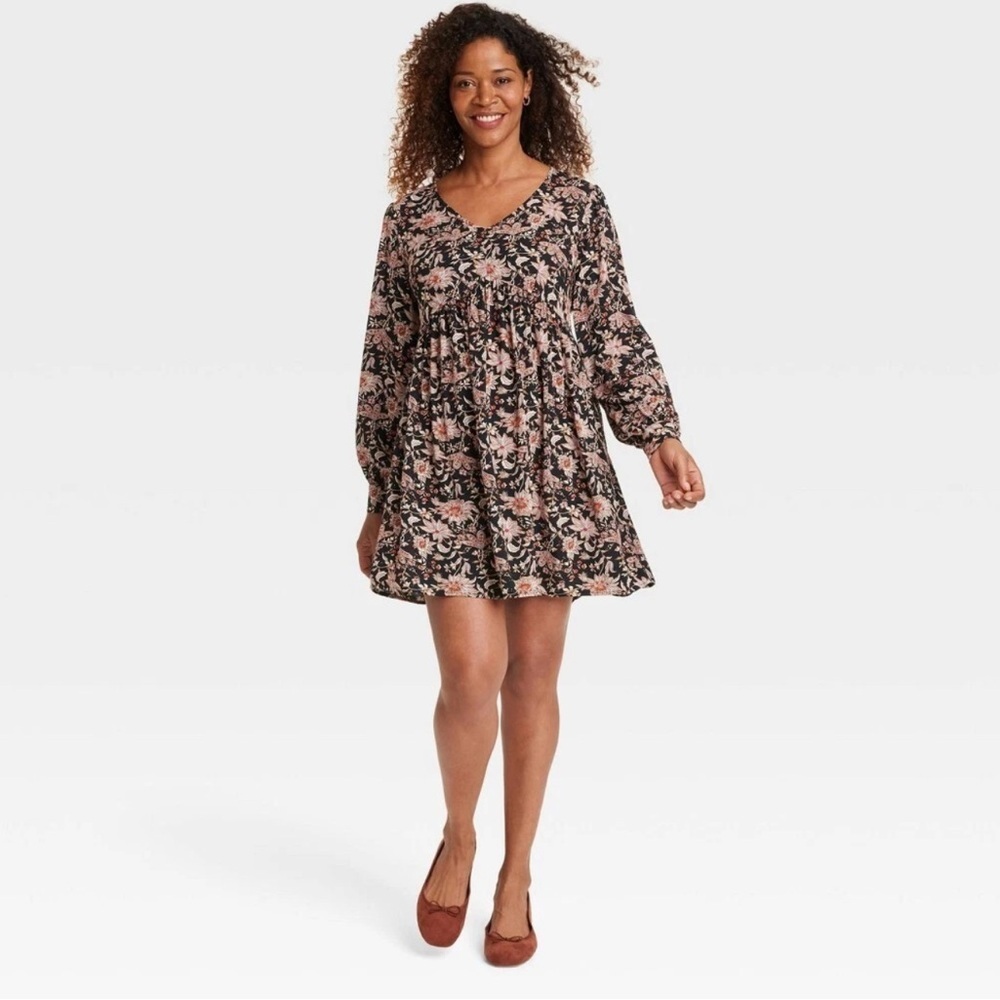 Knox Rose Black Floral Boho Babydoll Dress XL Bishop Sleeve A-Line
